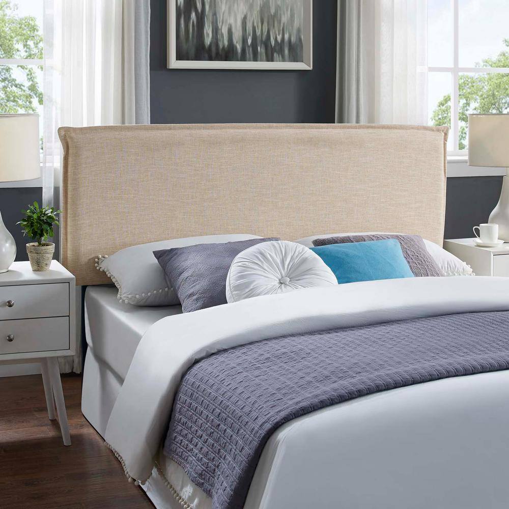 Beige Linen Upholstered Queen Headboard with French Piping