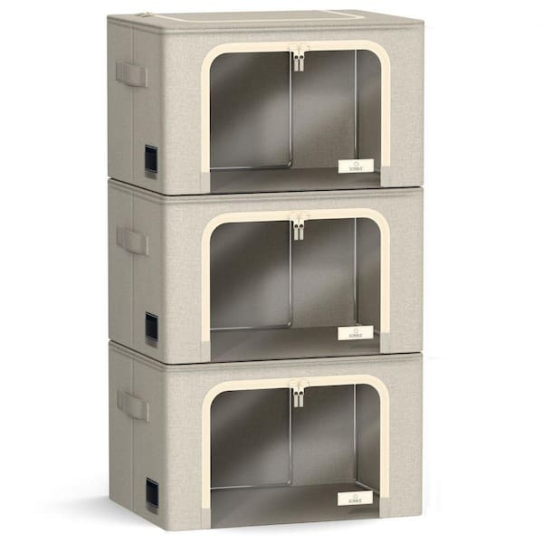 Storage Bins, Stackable and Foldable Clothes Organizer Bags, Beige 17 in. x 13 in. Polyester Decorative Box Set of 3