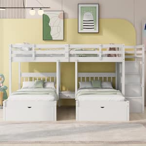 White Full Over Twin & Twin Triple Bunk Bed, Wood Triple Bed with Drawers and Staircase