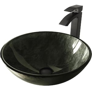 Glass Round Vessel Bathroom Sink in Onyx Gray with Duris Faucet and Pop-Up Drain in Matte Black