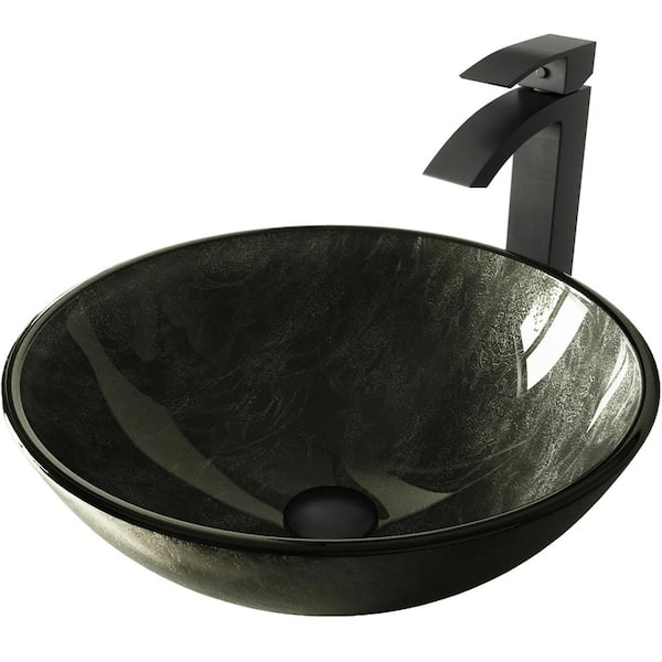 VIGO Glass Round Vessel Bathroom Sink in Onyx Gray with Duris Faucet and Pop-Up Drain in Matte Black
