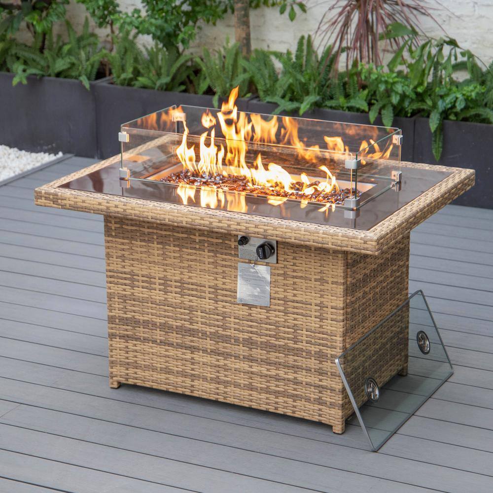 Light Brown Wicker Gas Fire Pit Table with Glass Shield