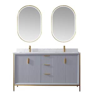 60 in. W x 22 in. D x 33.8 in. H Double Sink Bath Vanity in Paris Grey with White Stone Composite Top and Mirror