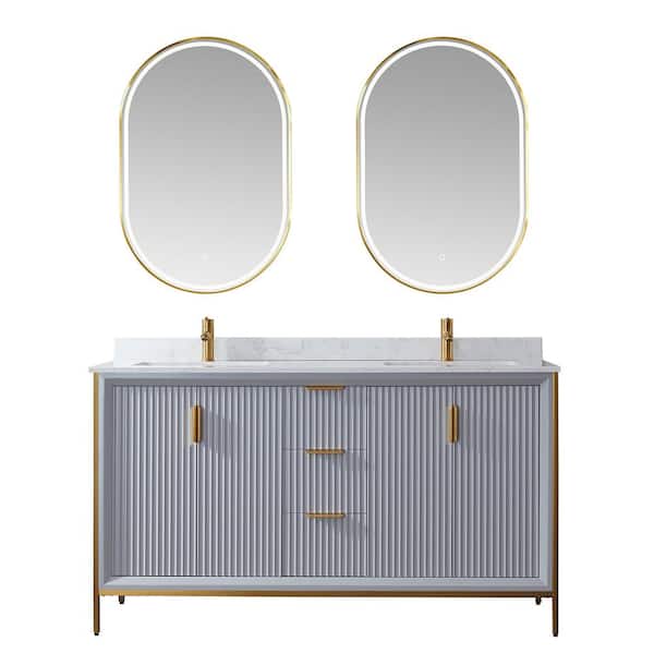 ROSWELL 60 in. W x 22 in. D x 33.8 in. H Double Sink Bath Vanity in Paris Grey with White Stone Composite Top and Mirror