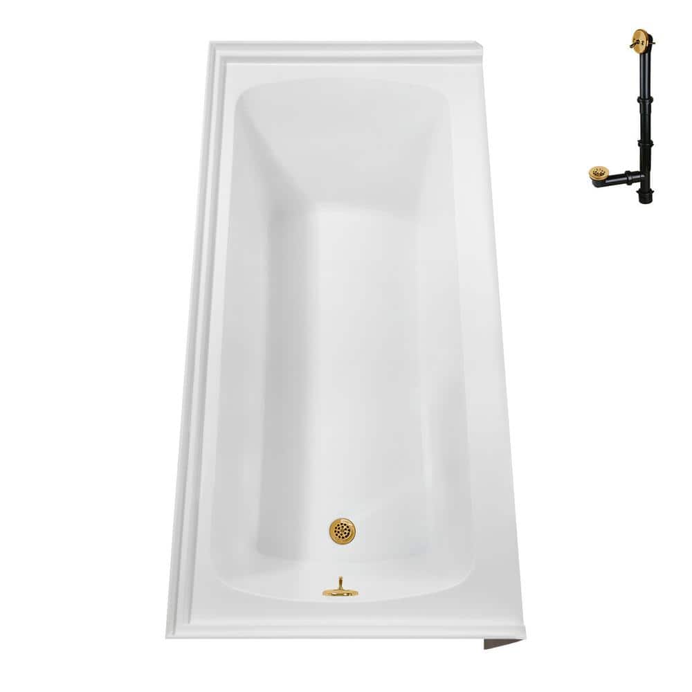 Glossy White Acrylic Alcove Bathtub with Brushed Gold Trim