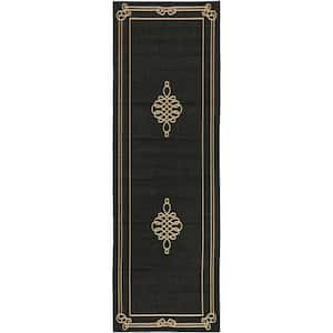 Courtyard Black/Cream 3 ft. x 8 ft. Border Indoor/Outdoor Patio  Runner Rug