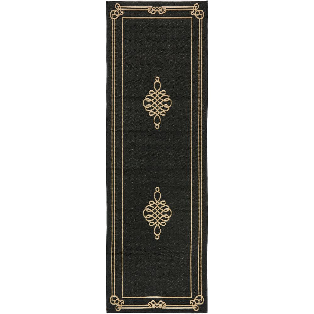 Courtyard Black/Creme 2 ft. x 12 ft. Ornate Border Medallion Indoor/Outdoor Runner Rug price history on PriceWatchPro
