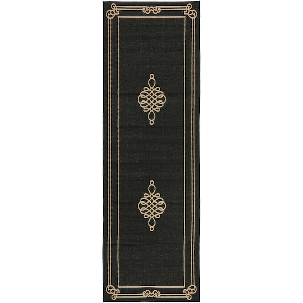 Courtyard Black/Creme 2 ft. x 12 ft. Ornate Border Medallion Indoor/Outdoor Runner Rug