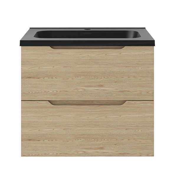 24 in. Wall-Mounted Evita Oak Bath Vanity with Black Quartz sand Top Assembled