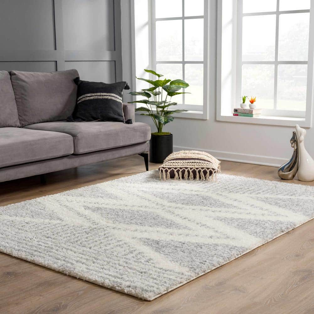 Gray and Cream Geometric Shag Area Rug 6'7" x 9'