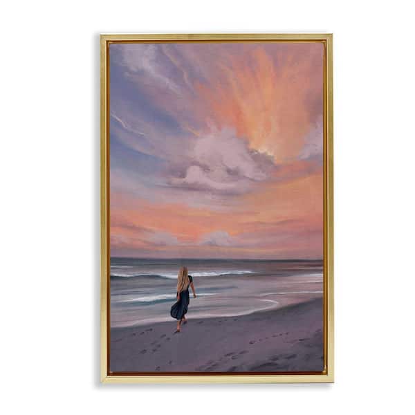 Sunset Beach Walk by Svetlana Aleynikova Gold Floater Frame Coastal Graphic Art Print 25 in. x 17 in.