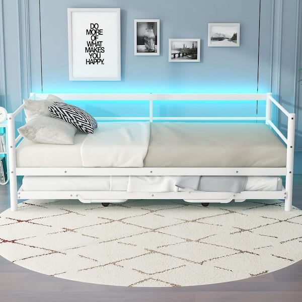 White Twin Size Metal Daybed with Adjustable Pop Up Trundle and LED