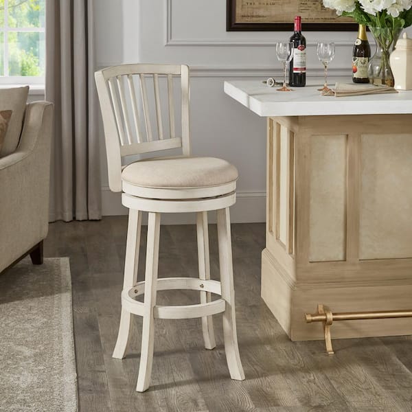 HomeSullivan 29.96 in. Antique White Finish Wood Frame Beige Linen Slat Back Swivel Bar Height Chair