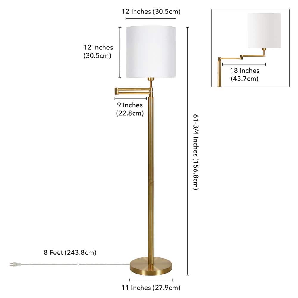 Antique Brass Adjustable Floor Lamp with White Linen Shade