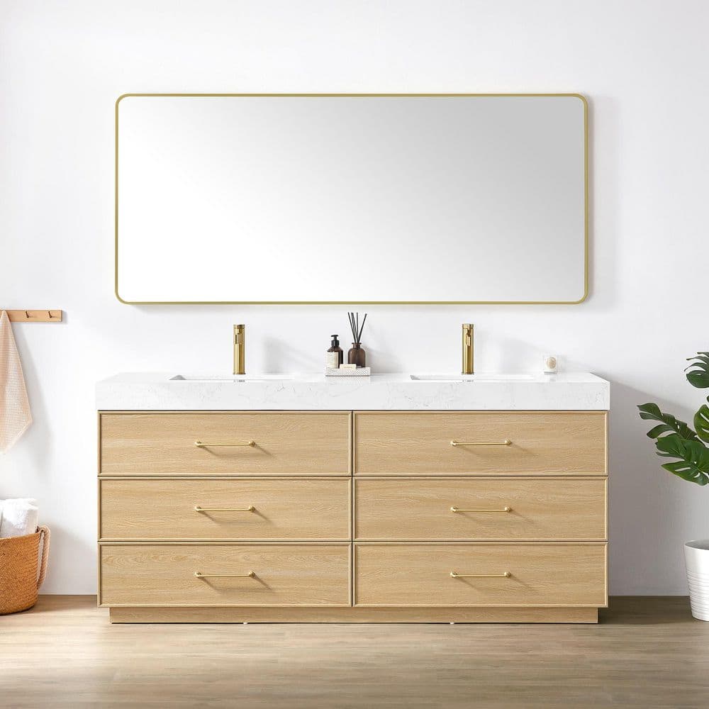 ROSWELL Turin 72 in.W x 22 in.D x 34 in.H Double Sink Bath Vanity in Dark Oak with White Engineered Stone Top