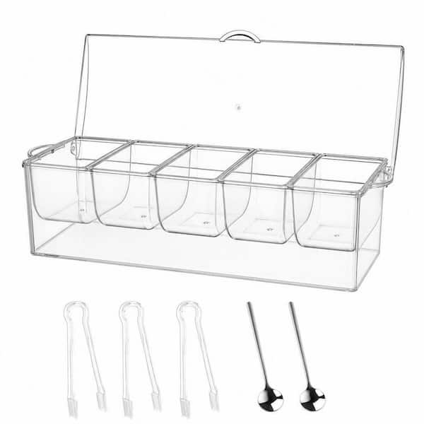 85 oz. Stainless Steel Chilled Condiment Server with Lid, Ice Chilled Serving Tray with 5 Removable Compartments