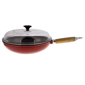 French Enameled 11 in. Cast Iron Frying Pan in Red with Glass Lid