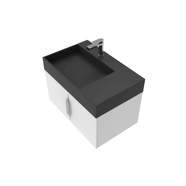 castellousa 30 in. W x 18.9 in. D x 19.75 in. H Single Left Sink Bath Vanity in White with Brushed Nickel Solid Surface Black Top