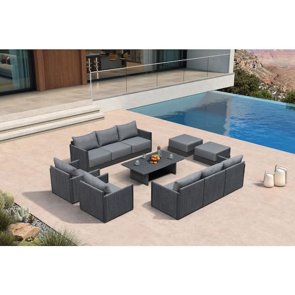 11 Pieces Patio Conversation Sets with Coffee Table All Weather Outdoor Couch Sectional Set with Cushion Gray