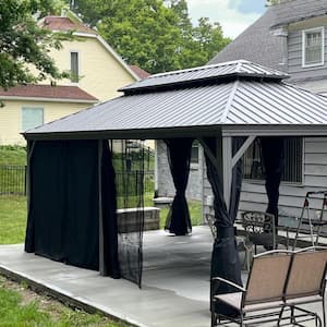 12 ft. x 20 ft. Light Gray Aluminum Power-Coated Frame Galvanized Steel Double Roof Hardtop Gazebo,Hooks Netting Curtain