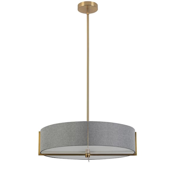Dainolite Preston 4 Light Aged Brass Shaded Pendant Light with Grey Fabric Shade