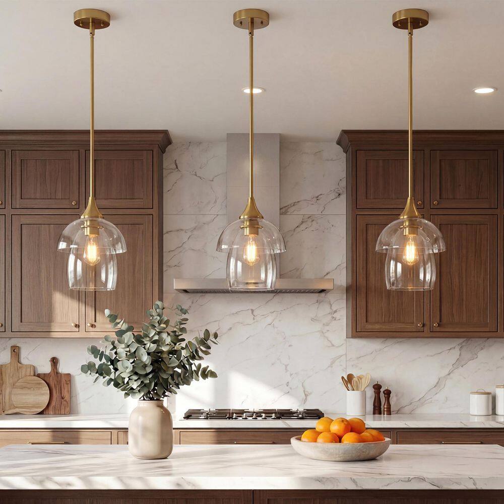 9.7 in. 1-Light Gold Modern Island Pendant Light with 2-Tier Clear Glass Shade for Dining Room, Kitchen, Foyer price history on PriceWatchPro