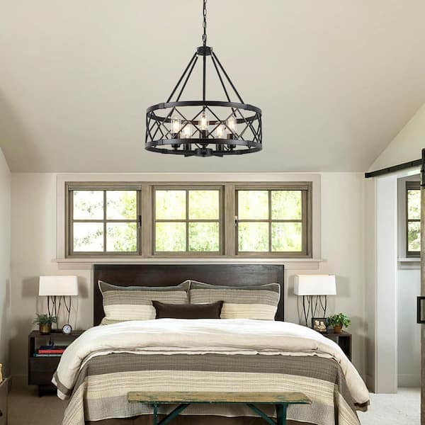 5-Light 20.07 in. Black Farmhouse Geometric Drum Chandelier for Foyer Kitchen Island Living Room w/No Bulbs Included