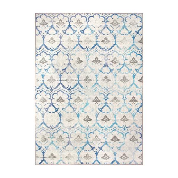 My Magic Carpet Leilani Damask Beige Blue 5 ft. x 7 ft. Machine Washable Area Rug