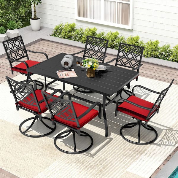 Black 7-Piece Metal Rectangle Outdoor Dining Set with Red Cushions and 1.6 Umbrella Hole, Swivel Design