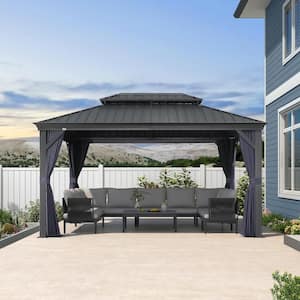 10 ft. x 14 ft.Gray Aluminum Hardtop Gazebo Canopy for Patio and Garden Heavy-Duty with Netting and Navy Blue Curtains