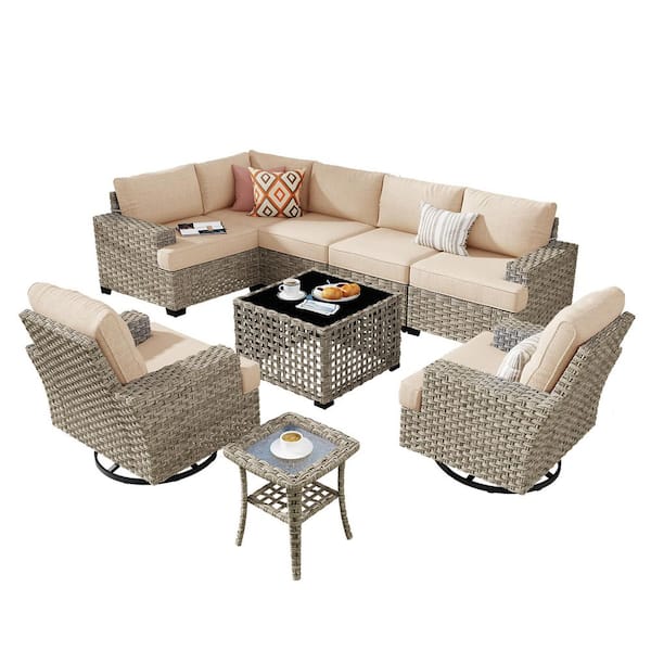 Eunoia 9-Pieces Wicker Patio Conversation Seating Sofa Set with Beige Cushions and Swivel Rocking Chairs