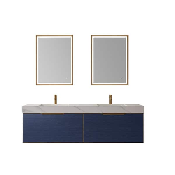 ROSWELL Alicante 72 in. W x 20.9 in. D x 21.7 in. H Double Sink Bath Vanity in Blue with White Sintered Stone Top and Mirror