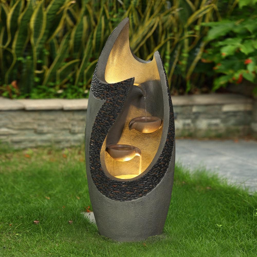 37" Gray and Brown Polyresin Tiered Patio Fountain with LED Lights