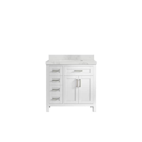 Willow Collections Cambridge 36 in. W x 22 in. D x 36 in. H Center Sink Bath Vanityin White with 2 in. Calacatta Nuvo Quartz Top