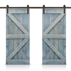 60 in. x 84 in. K Series Denim Blue Stained Solid Knotty Pine Wood Interior Double Sliding Barn Door with Hardware Kit