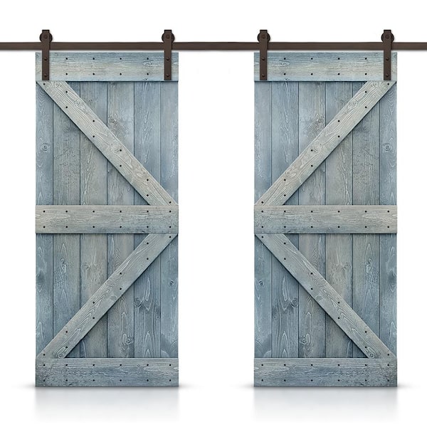 CALHOME 72 in. x 84 in. K Series Denim Blue Stained Solid Knotty Pine Wood Interior Double Sliding Barn Door with Hardware Kit