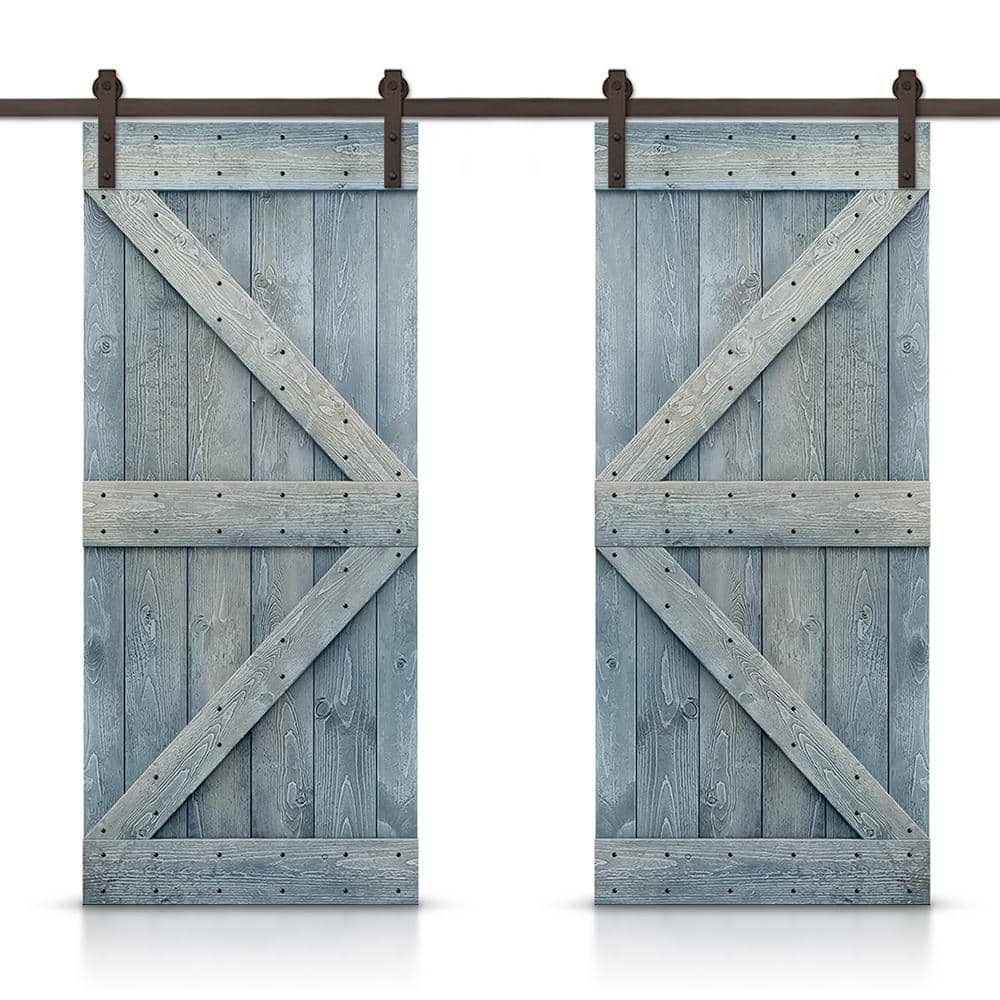84 in. x 84 in. K Series Denim Blue Stained Solid Knotty Pine Wood Interior Double Sliding Barn Door with Hardware Kit price history on PriceWatchPro