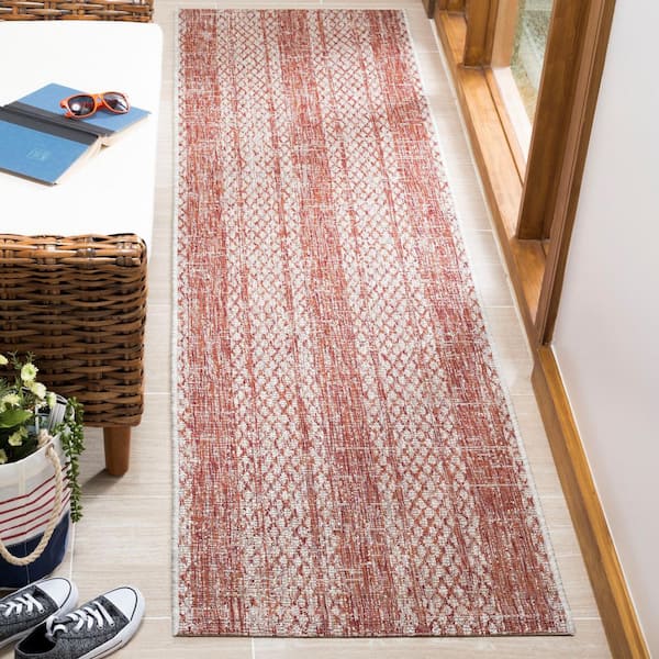 Courtyard Light Beige/Terracotta 2 ft. x 12 ft. Distressed Striped Diamond Indoor/Outdoor Patio  Runner Rug