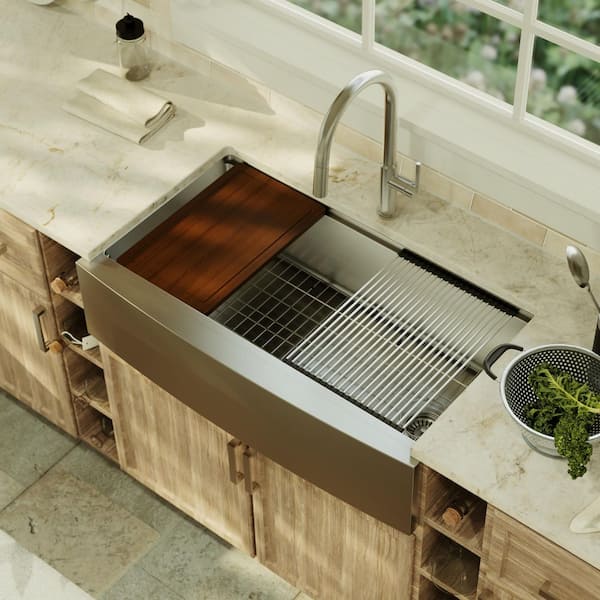 36 in. Farmhouse/Apron-Front Single Bowl 16-Gauge Stainless Steel Workstation Kitchen Sink