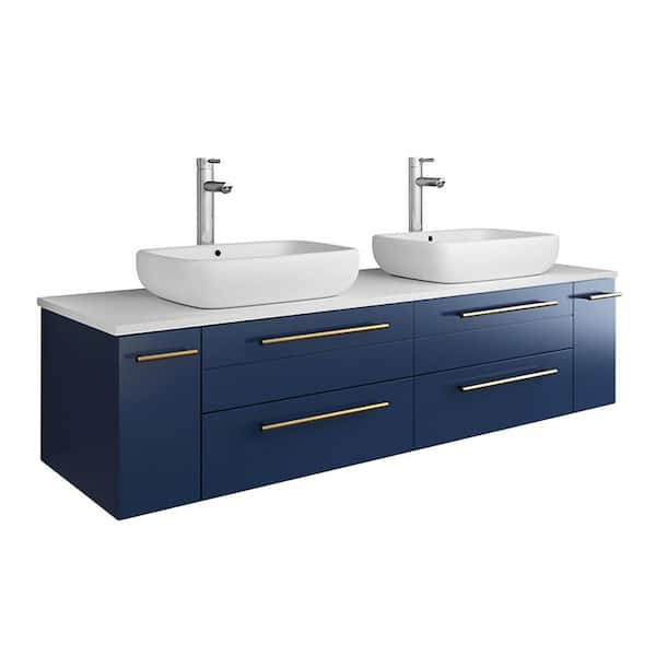 Fresca Lucera 60 in. W Wall Hung Bath Vanity in Royal Blue with Quartz Stone Vanity Top in White with White Basins