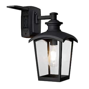 1-Light Black Outdoor Wall Coach Light Sconce with Seeded Glass and Built-In GFCI Outlets
