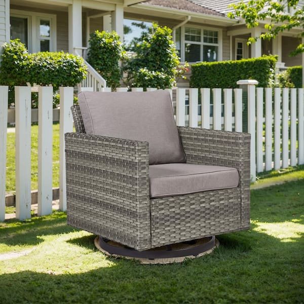 moosprr U-Foot Gray Swivel Glider Wicker Outdoor Rocking Chair with Gray Cushion (1-Pack)