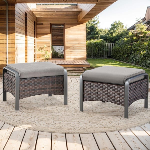Gymojoy TwilightZone 2-Piece Wicker Outdoor Brown Ottoman Steel Frame Patio Footstools with Gray Cushion