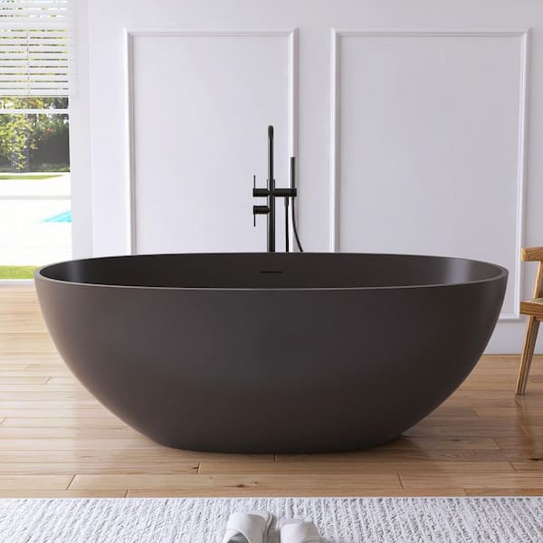 MEDUNJESS Eaton 61 in. x 30 in. Stone Resin Solid Surface Flatbottom Freestanding Soaking Bathtub in Brown