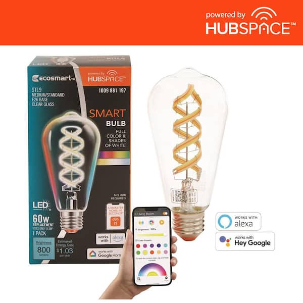 EcoSmart 60-Watt Equivalent Smart ST19 Clear Color Changing CEC LED Light Bulb with Voice Control (1-Bulb) Powered by Hubspace