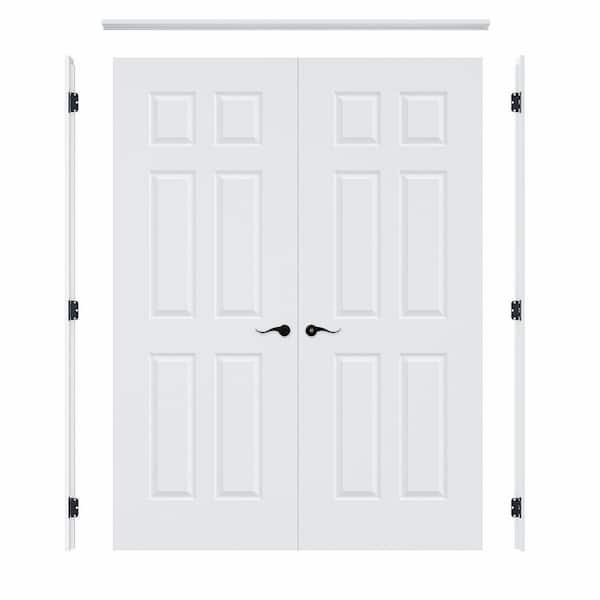 60 in. x 80 in. 6-Panel Universal Handed Painted Solid Core Wood Double Prehung Interior Door+ Quick Assemble Jamb