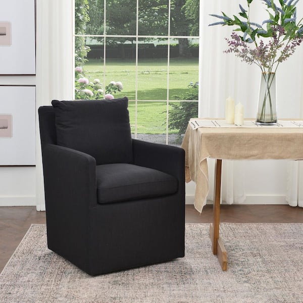 Black Performance Fabric Upholstered Down Cushion Rolling Dining Armchair