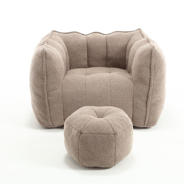 Coffee Chenille Large Bean Bag with Footstool for Adults, Comfortable Square Lazy Sofa for Living Room Bedroom Gaming