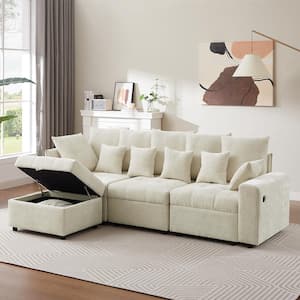 96.45 in. Chenille Modern Modular Sectional Sofa in Beige with Storage Ottoman, Convenient USB Ports and 5 Back Pillows