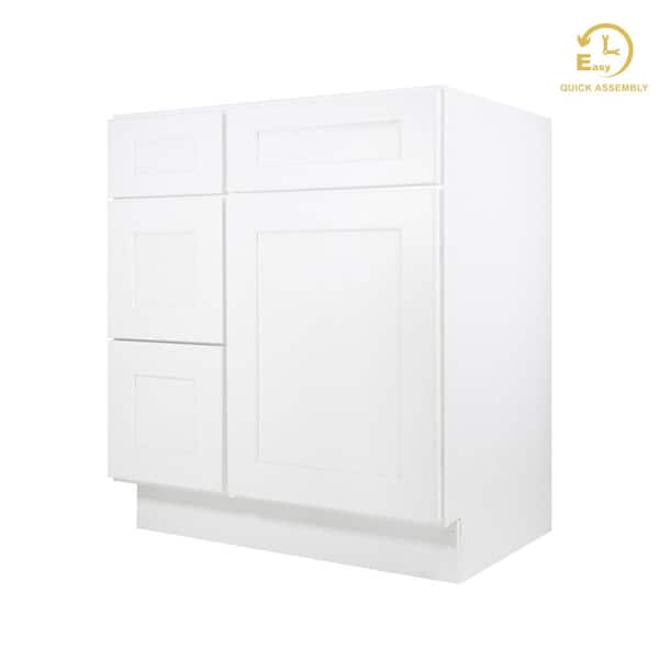 HOMLUX Easy-DIY Combo Bases - Drawers Left 30 in. W x 21 in. D x 34.5 in. H Bath Vanity Cabinet without Top in Shaker White